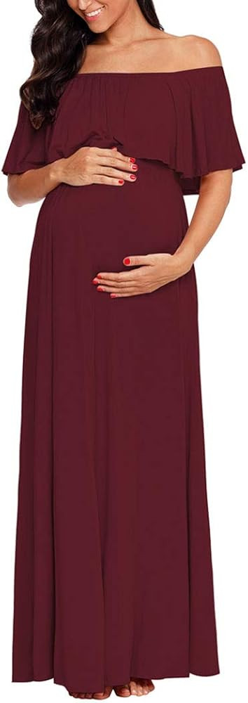Ecavus Womens Off Shoulder Maternity Dress Ruffle Trim Maxi Photography Dress for Baby Shower | Amazon (US)