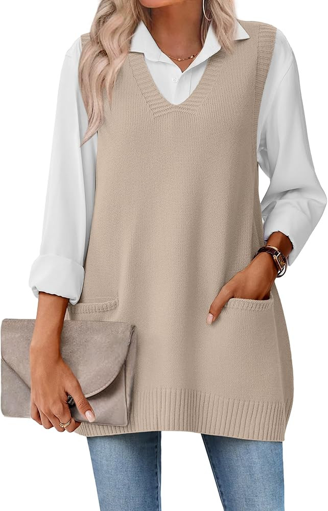 Zeagoo Women's Sweater Vest 2026 Oversized Sleeveless V Neck Pullovers with Pocket Knitted Fall O... | Amazon (US)