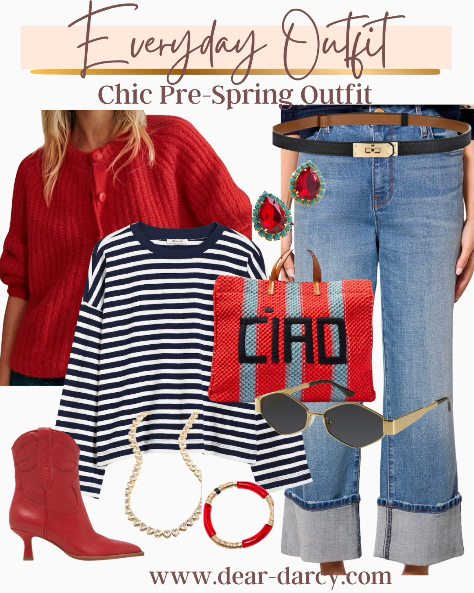 Ciao
A fun affordable chic everyday outfit

Cuff denim jeans tts

Black white strip long sleeve tee tts 

Caio striped tote (great beach bag and for travel) 

Amazon red button up cardigan 
Tts cones in several colors

Little red booties affordable and do comfy tts 

Amazon belt designer inspired  and so affordable 

Affordable Amazon find- sunglasses - designer inspired

Bracelet Allie and Bess 

Red stone earrings with turquoise trim Anthro 
I have in all 3 colors ❤️❤️❤️ 

Fun necklace with a little bling



#LTKStyleTip #LTKMostLoved #LTKOver40