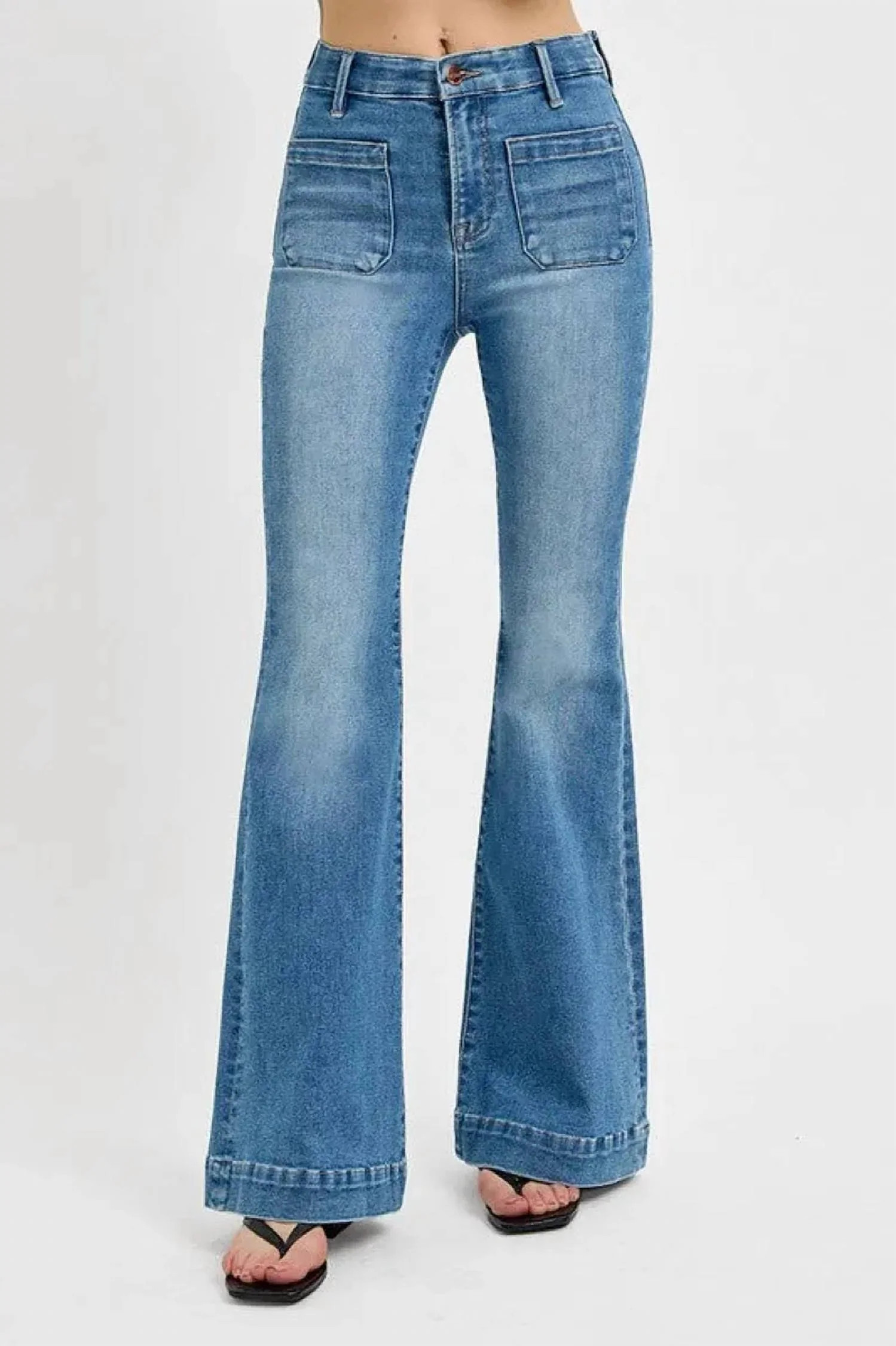 Frankie Front Pocket High Rise Flare Jeans In Blue Denim | Shop Simon