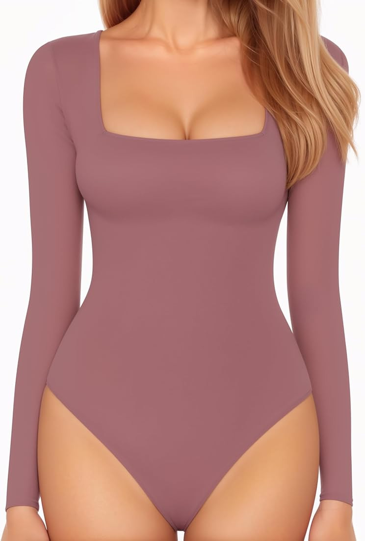 MANGOPOP Women's Square Neck Long Sleeve Bodysuit Slim Fitted Tops | Amazon (US)