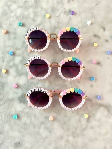 Personalized Pink Round Sunglasses with Rainbow Hearts | Strand.Up | Strand.Up