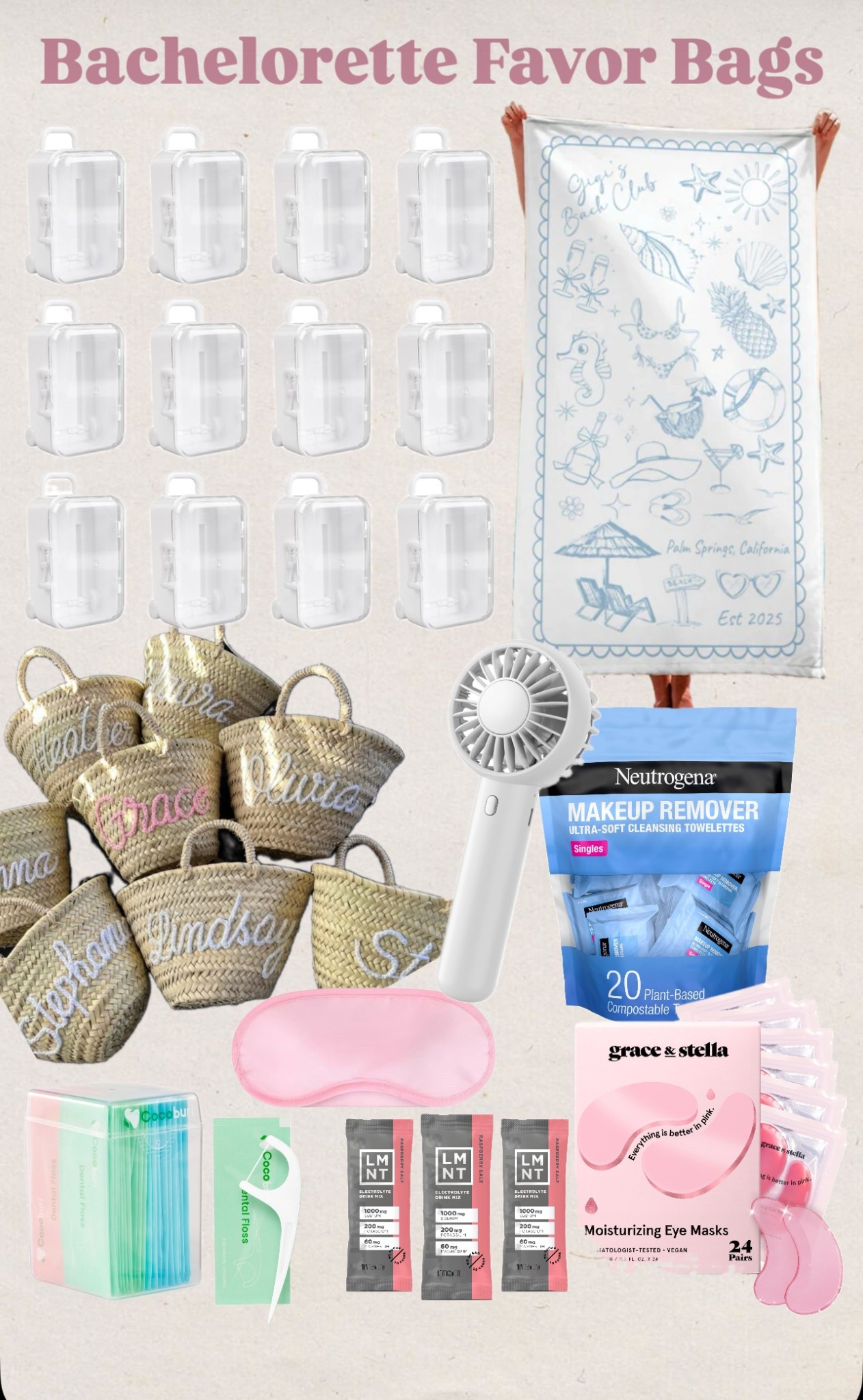 Bachelorette party favor bags
Beach
Towel
Makeup remover wipes
Mini travel sizes
rattan beach bags
Custom bags
Eye masks
Beauty
Flossers
Travel kit
Min suitcases
Wholesale

#LTKWedding #LTKFindsUnder50 #LTKParties