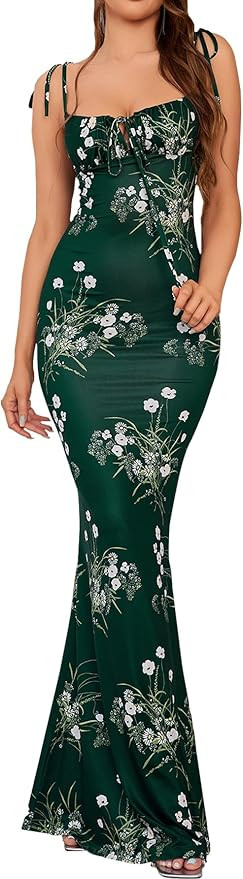 Women's Summer Floral Bodycon Maxi Dress Spaghetti Strap Sleeveless Boho Long Dresses | Amazon (US)
