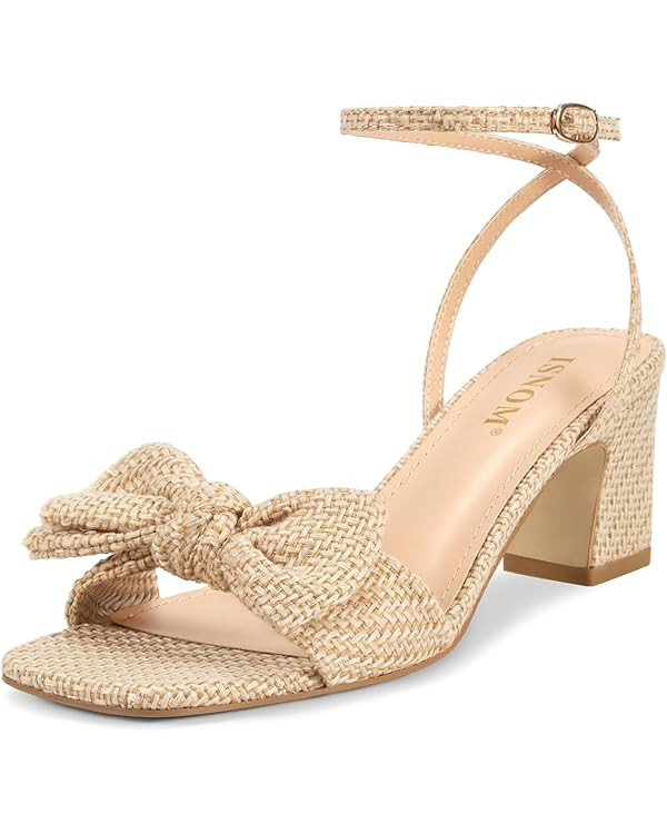 ISNOM Women's Bow Knot Heeled Sandals Ankle Buckle Strap Open Toe Block Chunky Heels Bride Weddin... | Amazon (US)