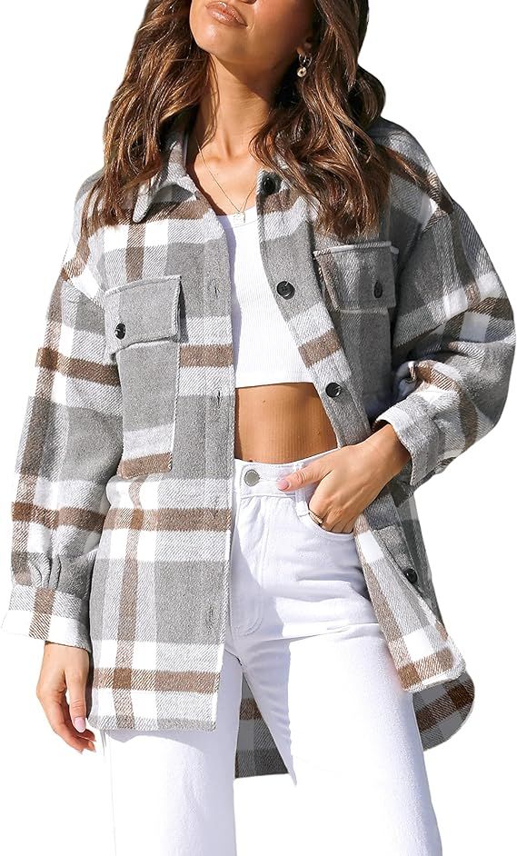 Uaneo Womens Plaid Shacket Button Down Wool Blend Fall Flannel Shirt Jacket | Amazon (US)