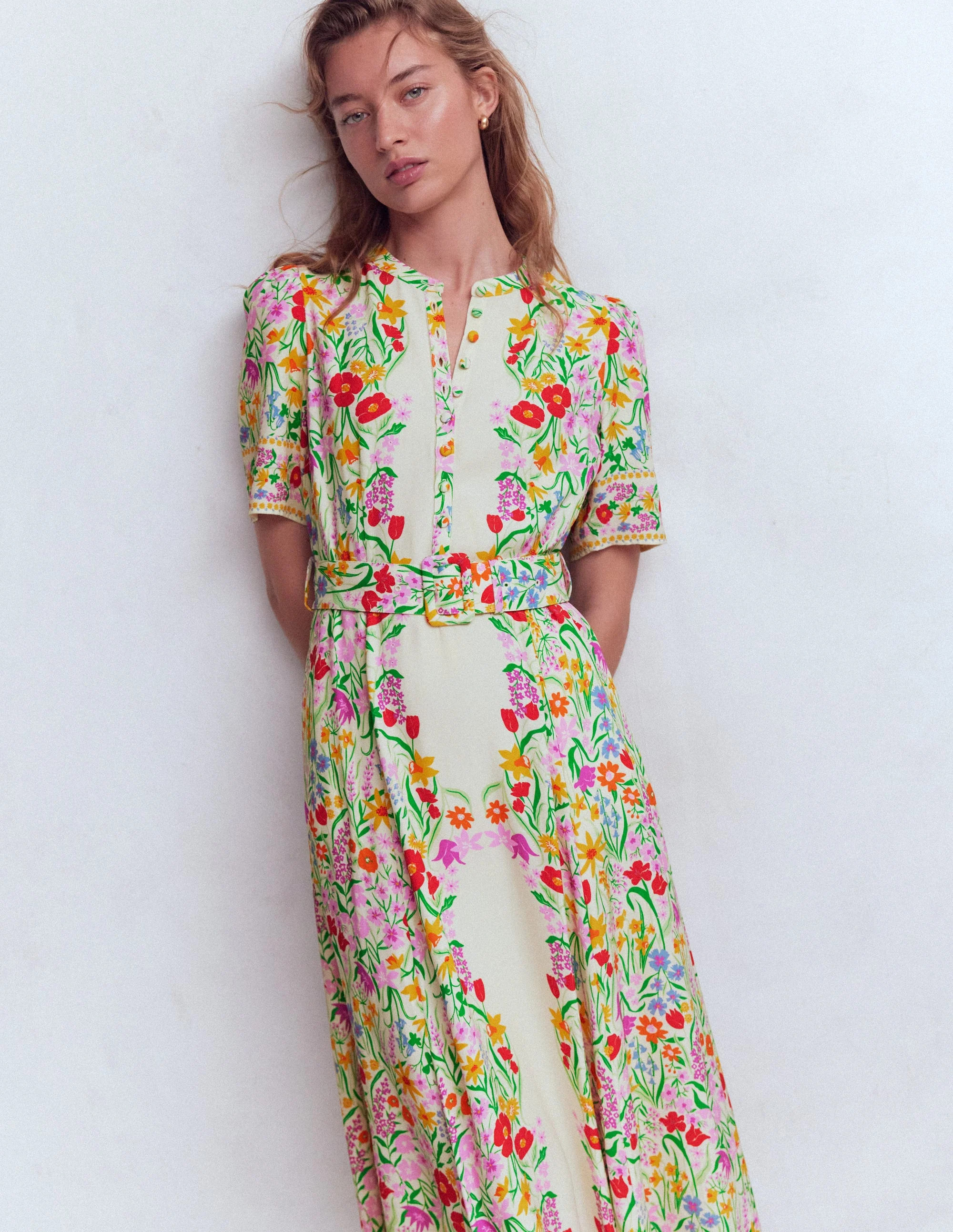Kate Puff Sleeve Belted Dress-Ivory, Elegant Garden | Boden UK