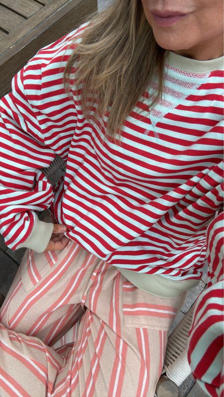 Striped crew sweatshirt size small.

Literally so comfy and perfect

Pants a size small: I WANT EVER COLOR 

#LTKSeasonal #LTKFamily