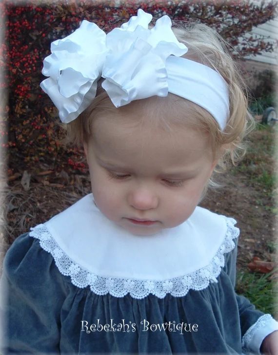 white baby headband, christening headband, baptism hair bows, infant headbands, flower girl clips... | Etsy (US)