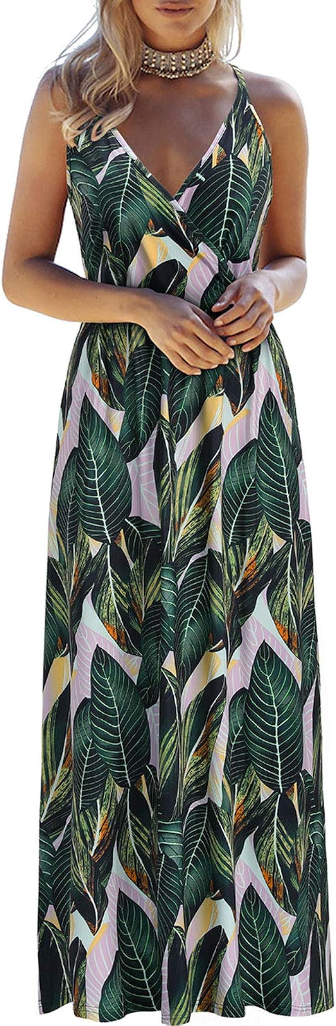 OUGES Womens Summer Deep V Neck Floral Adjustable Spaghetti Strap Beach Maxi Dress | Amazon (US)