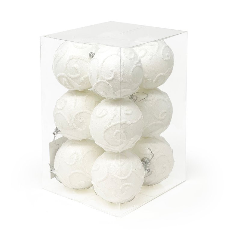 Allgala 12 Pack 3 Inch Christmas Tree Ornament Balls-Glitter Decorated Foam Large Xmas Ball-White | Walmart (US)