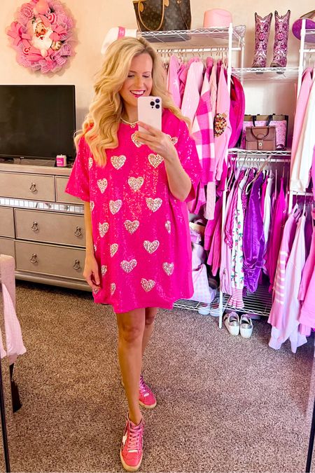 Valentine’s Day dress
Oversized dress
Sequin pink dress
Pink dress with pockets
Galentines Day outfit 
Date night outfit 
Golden goose sneakers
Bow necklace 

#LTKfindsunder100 #LTKfindsunder50 #LTKshoecrush