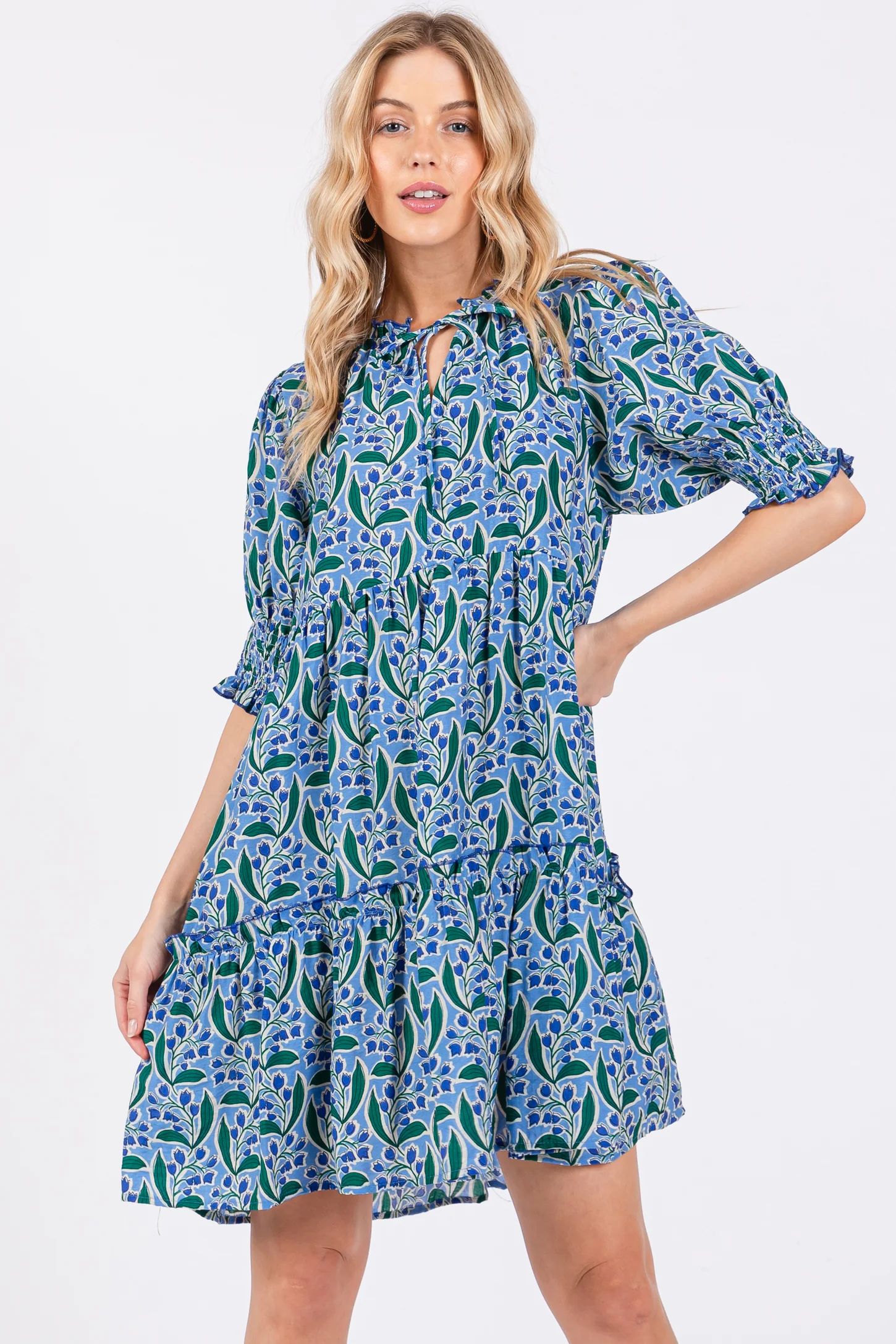 Blue Floral Front Tie Puff Sleeve Dress | PinkBlush Maternity