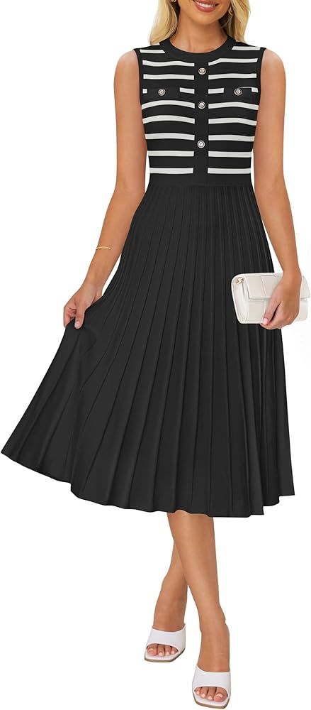 ZESICA Women's Sleeveless Striped Midi Dress Summer Crewneck Button Knit Swing Pleated A Line Cas... | Amazon (US)