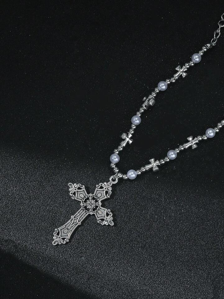 Short Necklace With Vintage Cross Pendant And Beaded Charm, Simple Street Style, Unisex | SHEIN