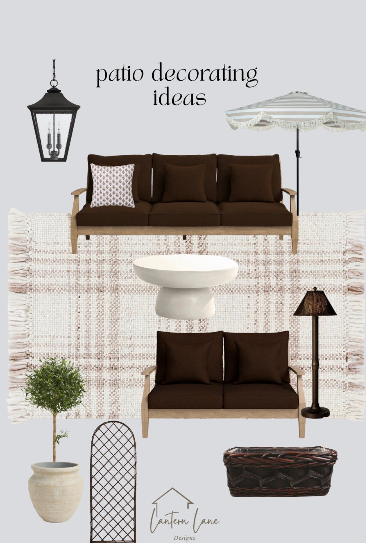  Outdoor decorating ideas, patio furniture, outdoor sofa, outdoor rug, umbrella, outdoor lighting plaid outdoor rug, trellis 

#LTKHome #LTKSeasonal #LTKSaleAlert