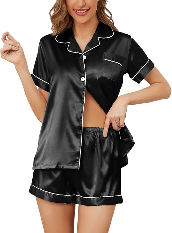 Women's Pajama Sets Satin Sleepwear Button Down Short Sleeve Pj Silk Tops and Shorts 2-Piece Loun... | Amazon (US)