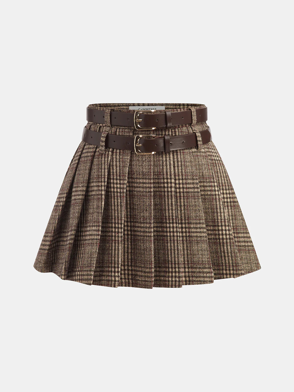 Double Belt Plaid Pleated Mini Skirt | Commense