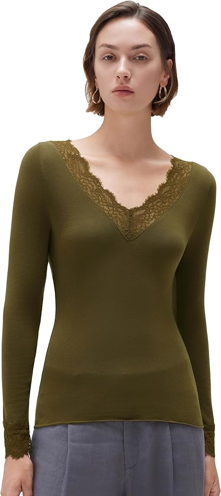 SUUKSESS Cloud Cashmere Women Basic Tops V Boat Neck Lace Long Sleeve Shirt | Amazon (US)