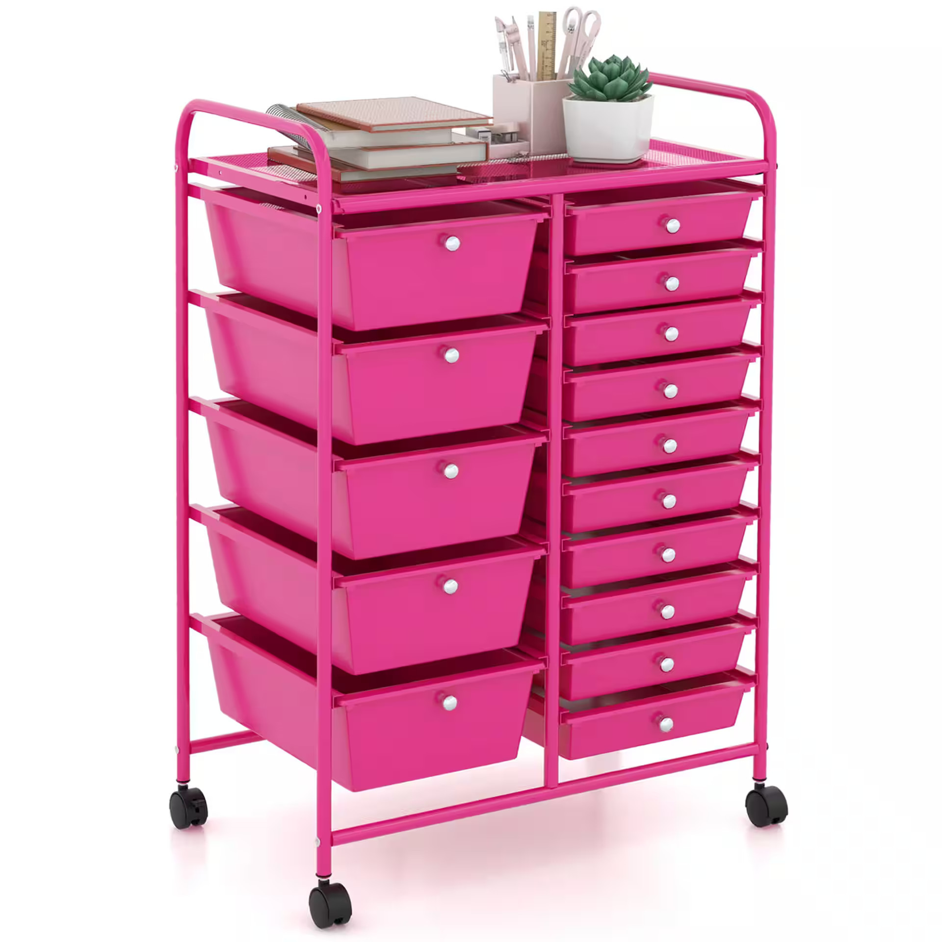 Costway - 15 Drawer Rolling Storage Cart Mobile Cart with Colorful Drawers & Metal Frame - Hot Pink | Best Buy U.S.