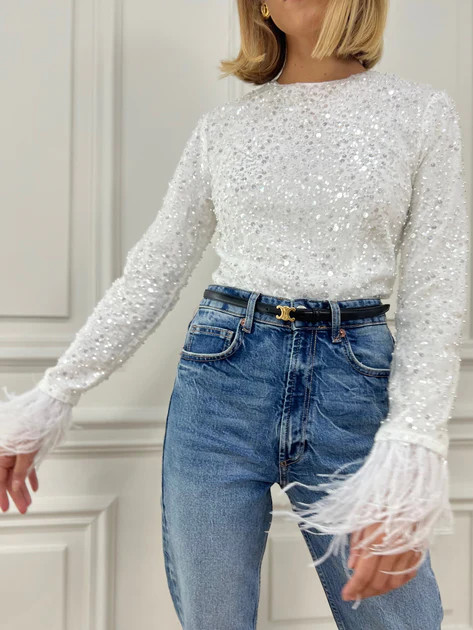 Verity Embellished & Feather Trim Bodysuit | Pearl White | Vita Grace