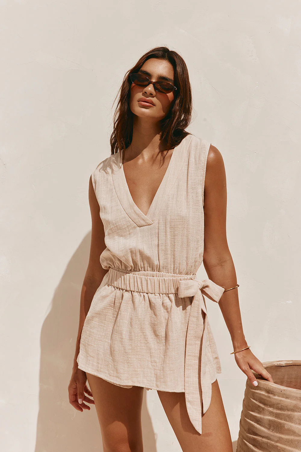 Tan V Neckline Wrap Sandy Playsuit | Sabo Skirt US