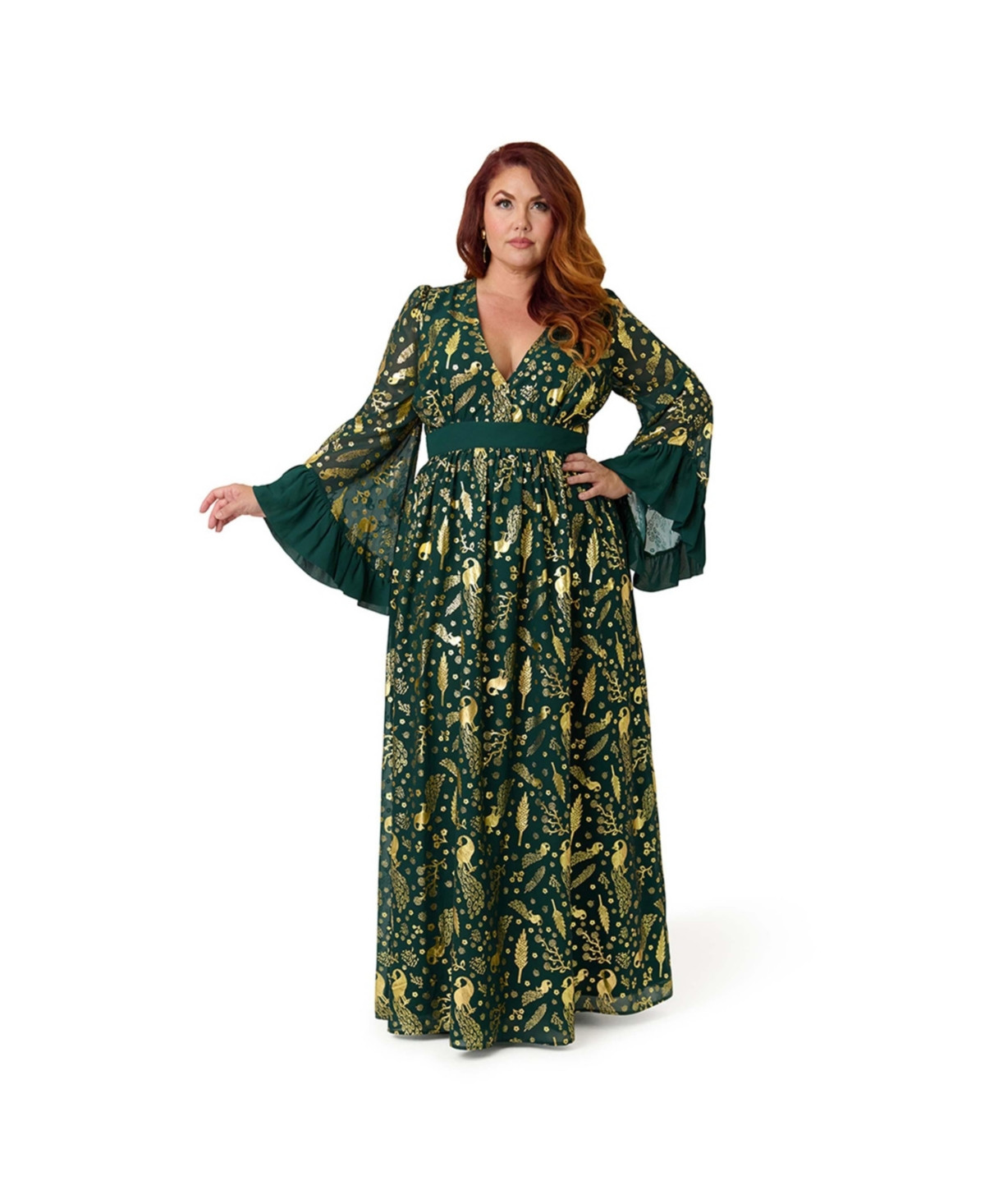 Unique Vintage Plus Size Long Sleeve Empire Waist Maxi Dress - Green gold | Macy's