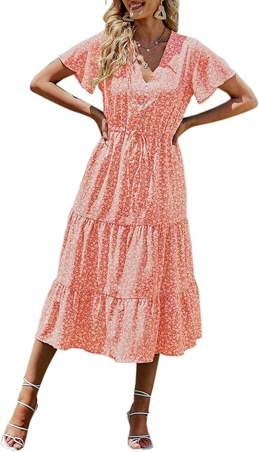 PRETTYGARDEN Women's Floral Boho Dress Casual Short Sleeve V Neck Ruffle Tiered 2024 Summer Swing... | Amazon (US)