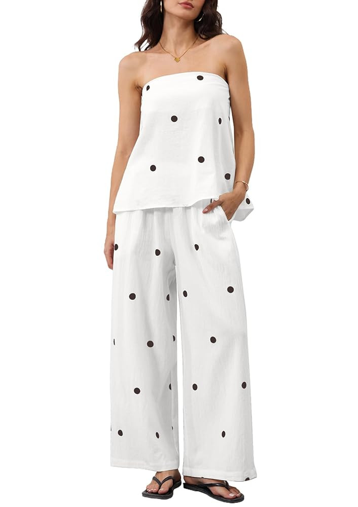 Women 2 Piece Polka Dot Tube Top Set Strapless Bandeau Blouse Wide Leg Spot Print Pants Outfits S... | Amazon (US)