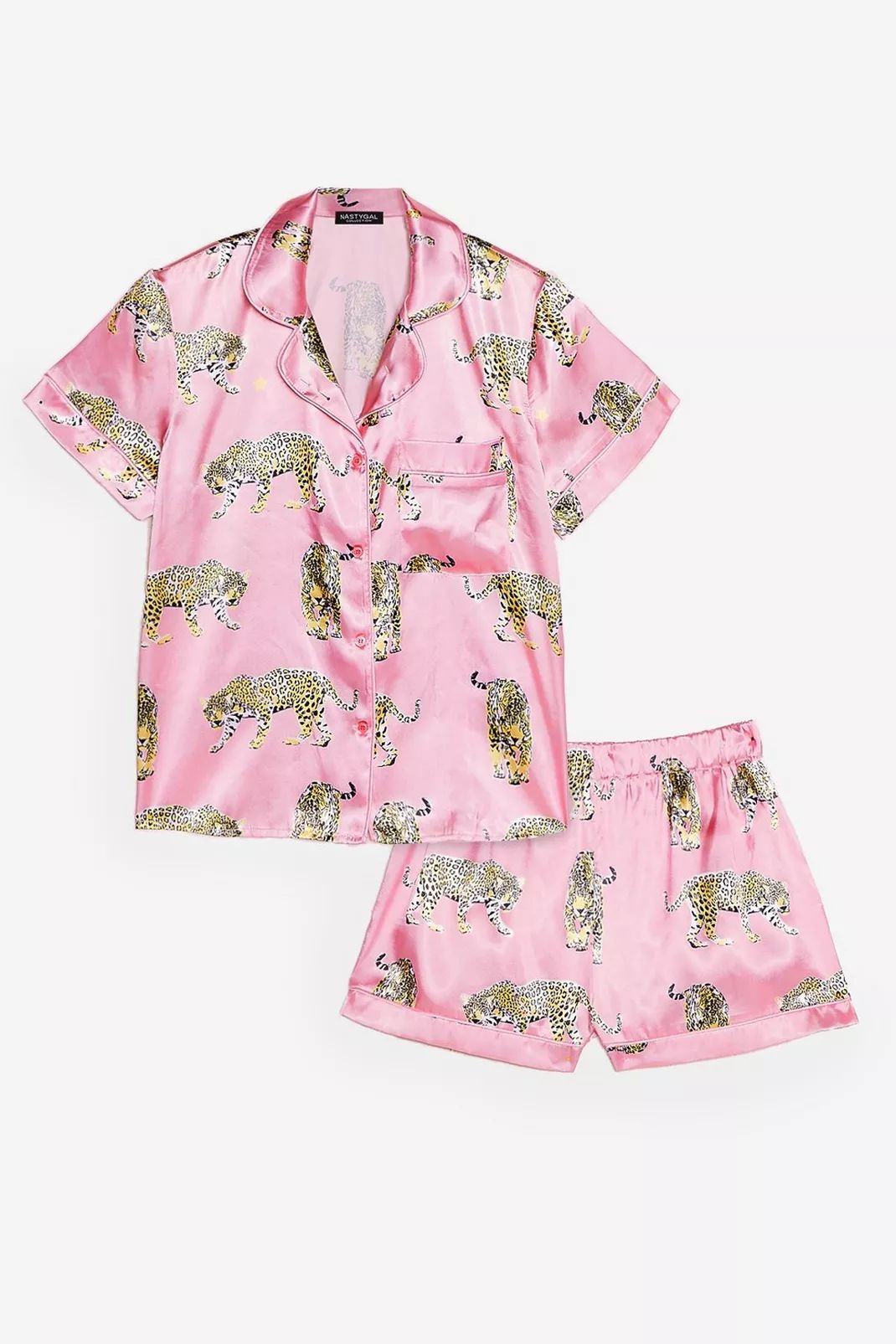 Cheetah Print Satin Pajama Shirt and Shorts Set | Nasty Gal (US)