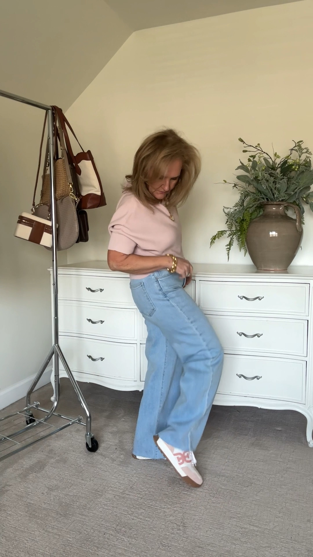 New jeans size 29 15% off code NANETTE15 I did cut them about 3 inches
Cashmere and cotton sweater size down to a small 
The sneakers are true to size and I love them 

Easy outfit with wide leg, jeans and sneakers, pink sneakers, blush sneakers, pink sweater, quince sweater

#LTKFindsUnder100 #LTKWatchNow #LTKOver40