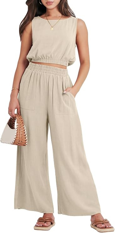 ANRABESS Women’s Summer 2 Piece Outfits Sleeveless Round Neck Crop Top Tank and High Waisted Pa... | Amazon (US)