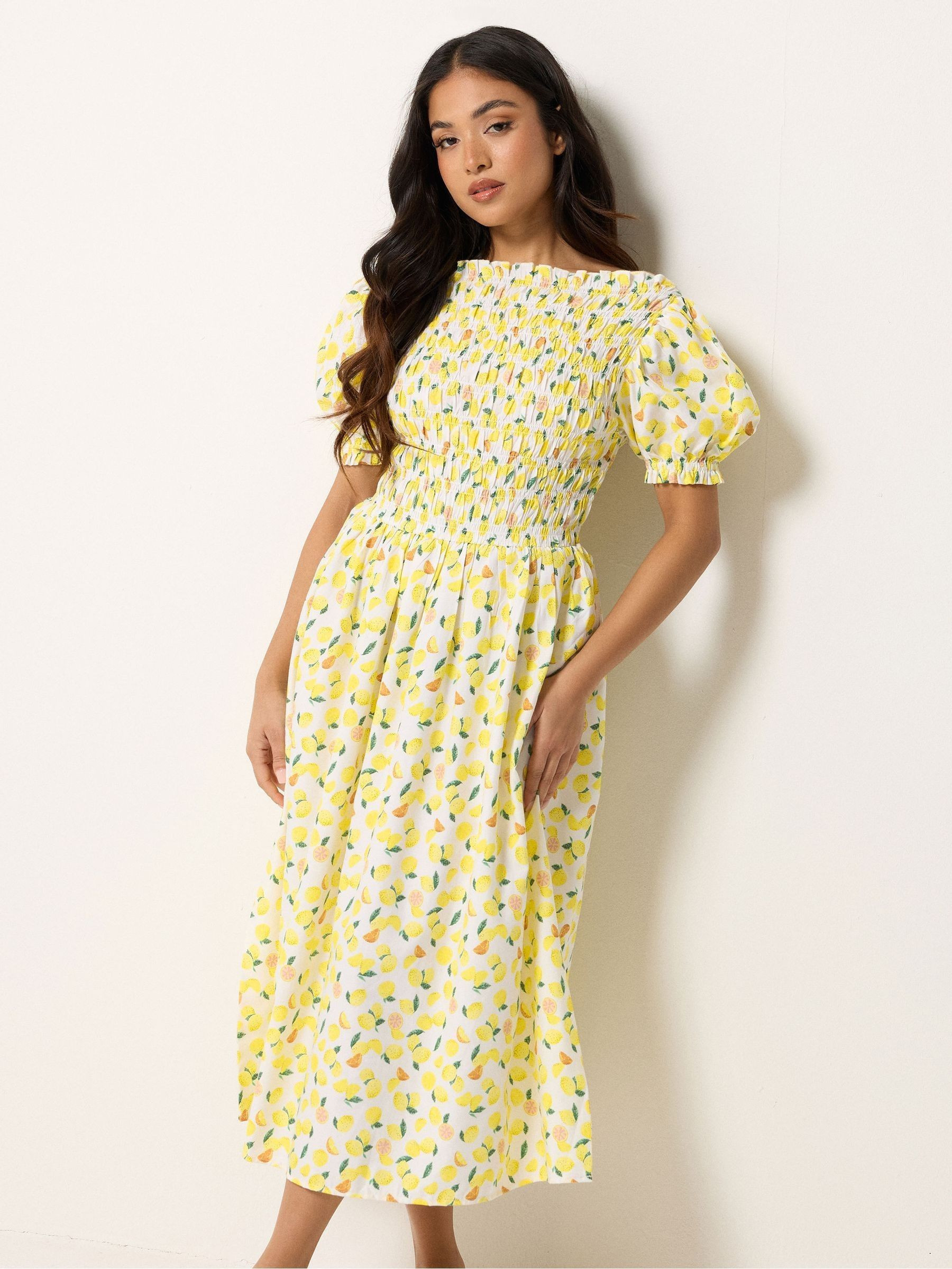 pixiegirlpetite PixieGirl Petite Yellow Shirred Midi Dress | Next US