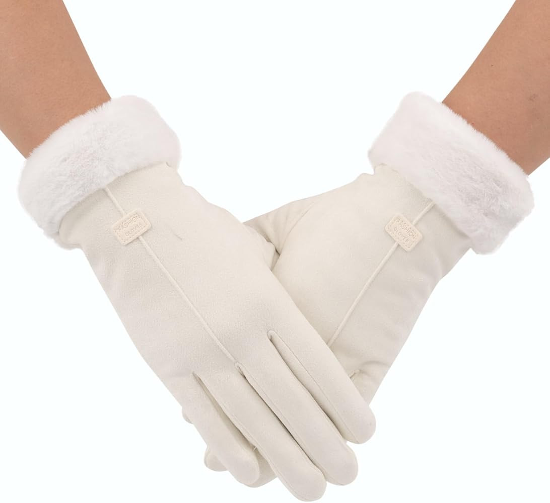 F Flammi Women's Winter Suede Gloves with Fur Cuffs - Soft, Warm, Touchscreen, Fleece Lined | Amazon (US)