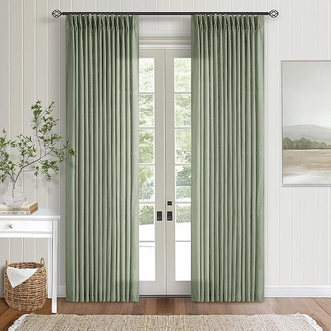 Sage Green Pinch Pleat Semi Sheer Linen Curtains 108 Inches Long 2 Panels | Amazon (US)