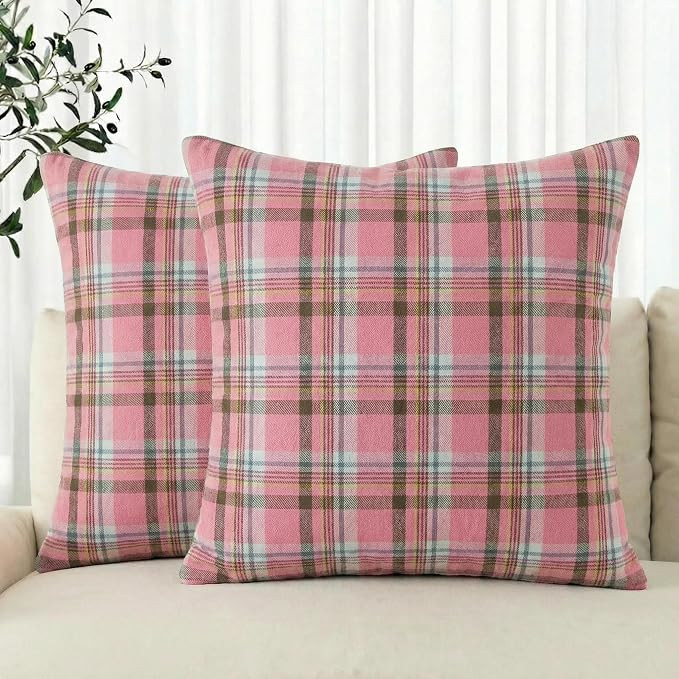 AVOIN colorlife Spring Summer Pink Brown Plaid Decorative Throw Pillow Covers, 18 x 18 Inch Holid... | Amazon (US)