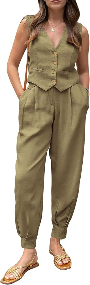 PRETTYGARDEN Women's Summer Two Piece Outfits V Neck Button Front Cropped Tank Tops Vest Pockets ... | Amazon (US)