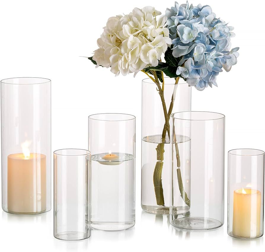 Glasseam Clear Cylinder Vases for Centerpieces, Glass Cylinder Vase Set of 6, Hurricane Vase for ... | Amazon (US)