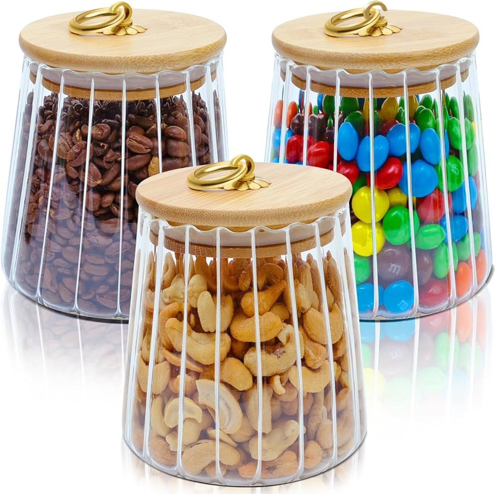 Set of 3 Round Glass Jars With Bamboo Lids - Classy Bamboo Glass Storage Containers for Coffee, S... | Amazon (US)