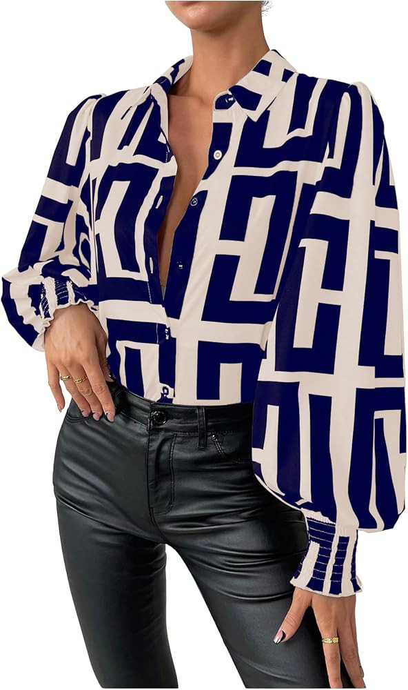 SweatyRocks Women's Graphic Print Long Lantern Sleeve Collar Neck Button Front Blouse Shirt Top | Amazon (US)