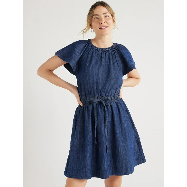 Free Assembly Women's Fit and Flare Denim Mini Dress with Flutter Sleeves, Sizes XS-XXL | Walmart (US)
