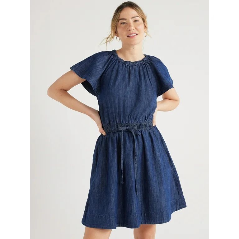 Free Assembly Women's Fit and Flare Denim Mini Dress with Flutter Sleeves, Sizes XS-XXL - Walmart... | Walmart (US)
