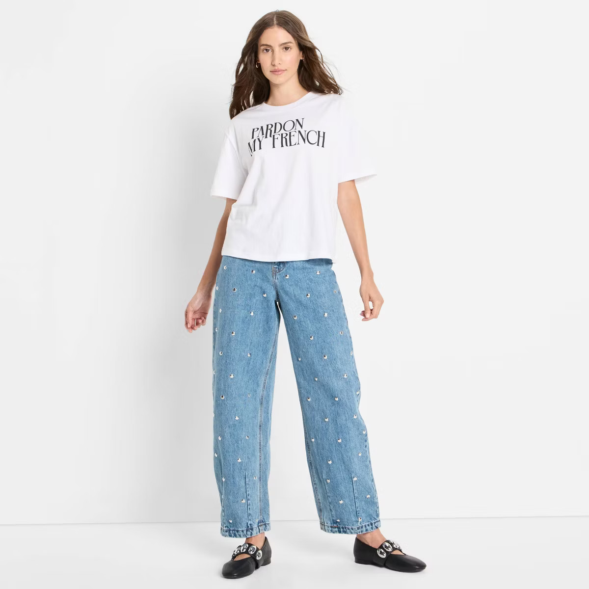 Women's Mid-Rise Studded Barrel Leg Jeans - Future Collective Blue Denim | Target