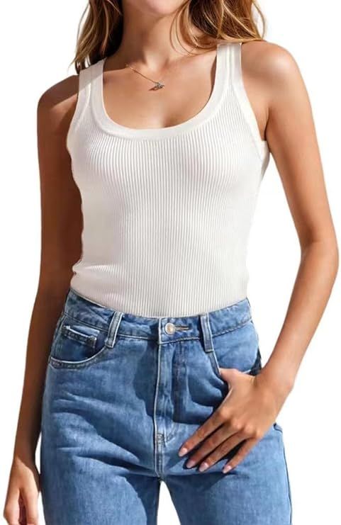 materasu Women Tank Tops Summer Sleeveless: Basic Cami Top Shirt Slim Knit Ribbed Thick Strap Blo... | Amazon (US)