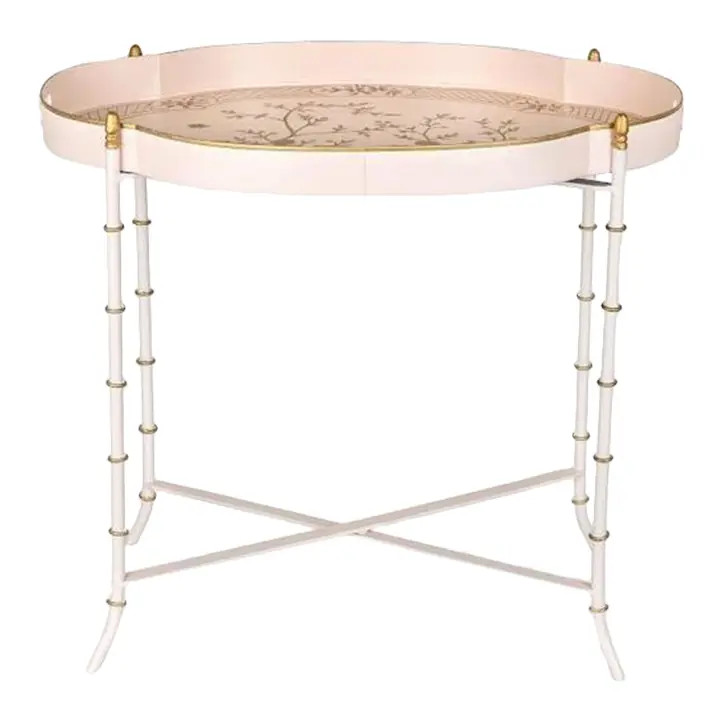 Scalloped Tole Tray Table, Pink/Gold | Chairish