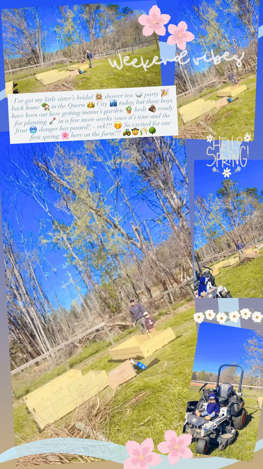 I’ve got my little sister’s bridal 👰🏼‍♀️ shower tea 🫖 party 🎉 back home 🏡 in the Queen 👑 City 🏙️ today, but these boys have been out here getting mama’s garden 🪴 beds 🪵 ready for planting 🪏 in a few more weeks (once it’s time and the frost 🥶 danger has passed!) - eek!!! 🤭 So excited for our first spring 🌸 here on the farm!!! 🚜🤠🌾🌳