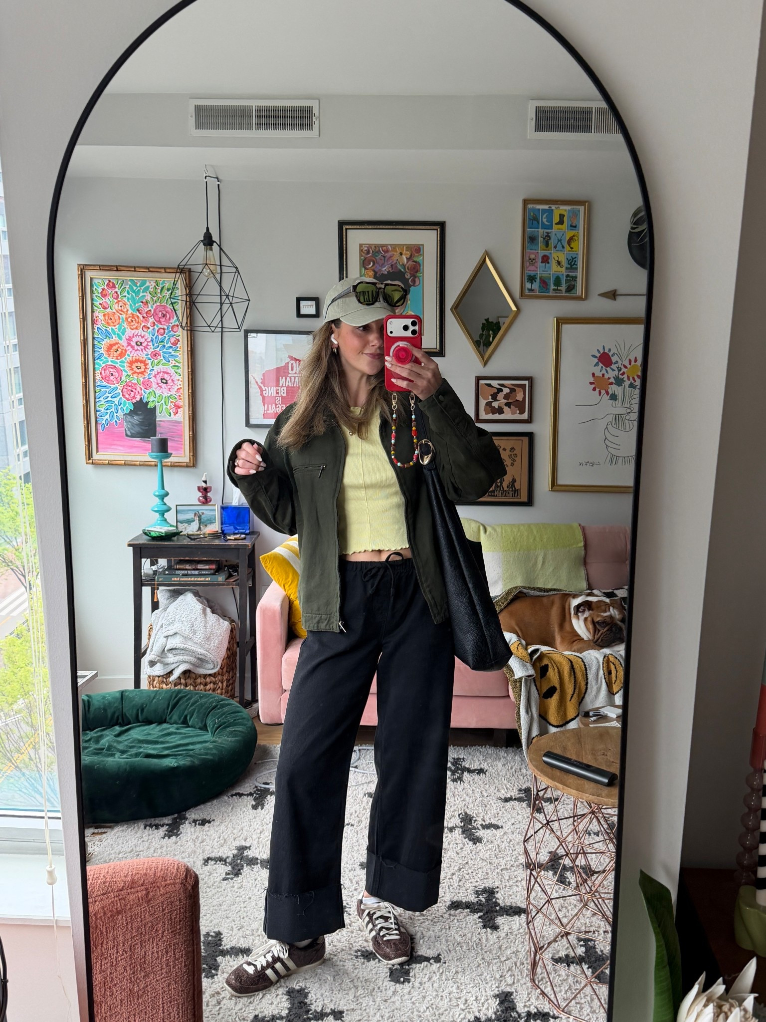 Spring outfit for running errands
Size small in jeans 
Sized down half in the sneakers 
Size L in jacket 
Hat by Read Receipts 