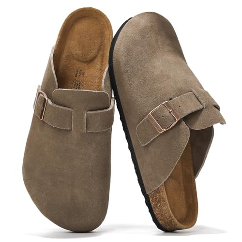 Project Cloud Mens Clogs - 100% Full Grain Genuine Leather Clogs for Men with Memory Foam Insole and Arch Support Natural Cork Footbed - Non Slip Mules Mens Slippers (Brooklyn, TAUPSUEDE, 10) | Amazon (US)