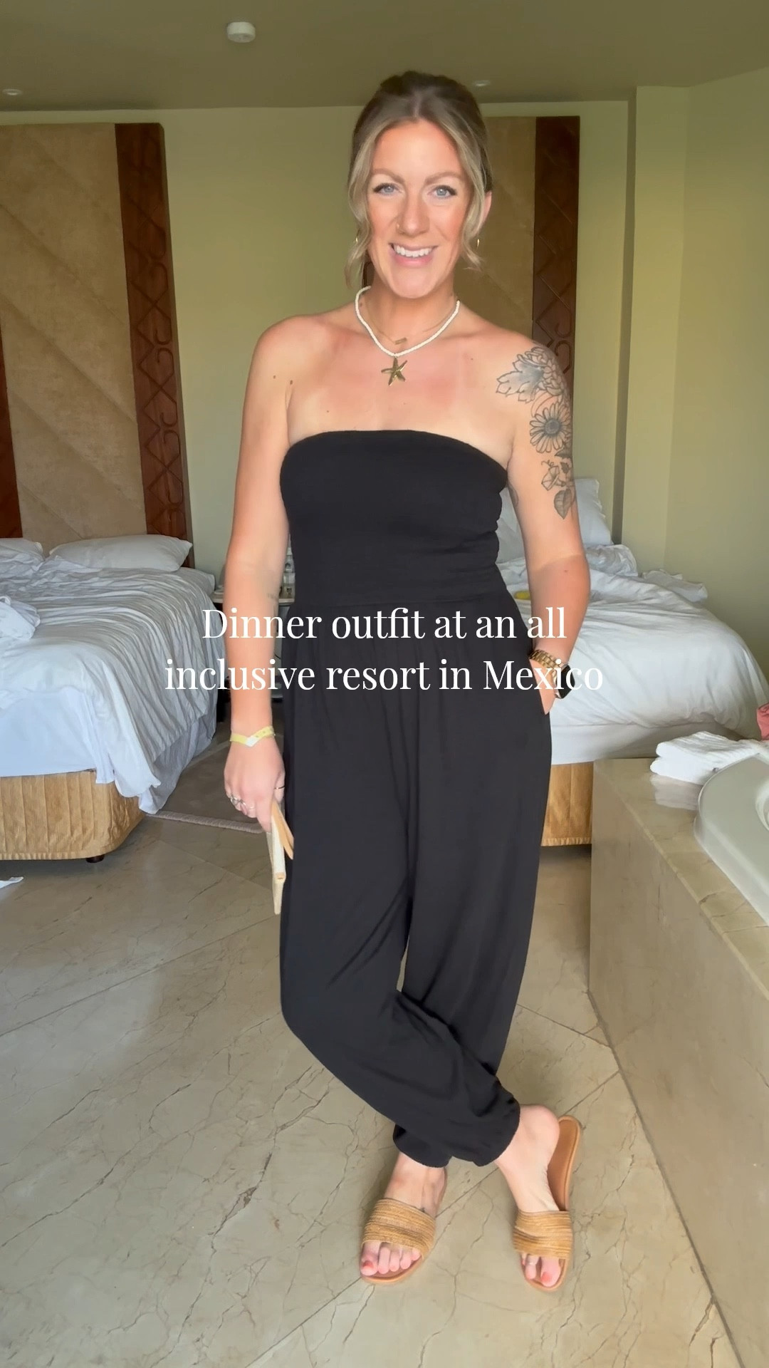 Dinner outfit at an all inclusive resort in Mexico as a tall mom of 2 

Wearing a large for length, sandals are old but linked similar 

#LTKOver40 #LTKTravel #LTKMidsize