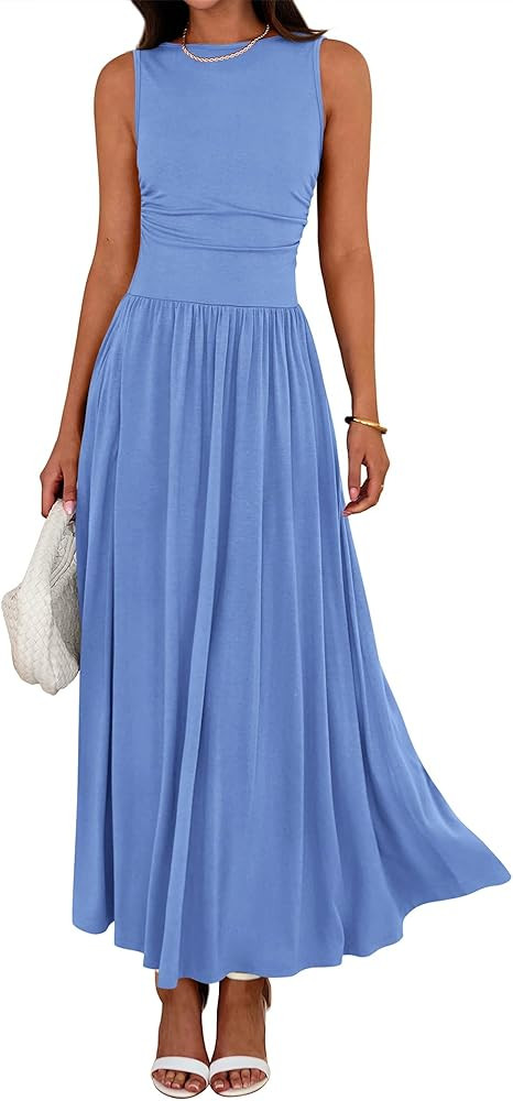 BTFBM Summer Maxi Dresses for Women 2026 Spring Sleeveless Casual Ruched High Waisted Long Sundre... | Amazon (US)